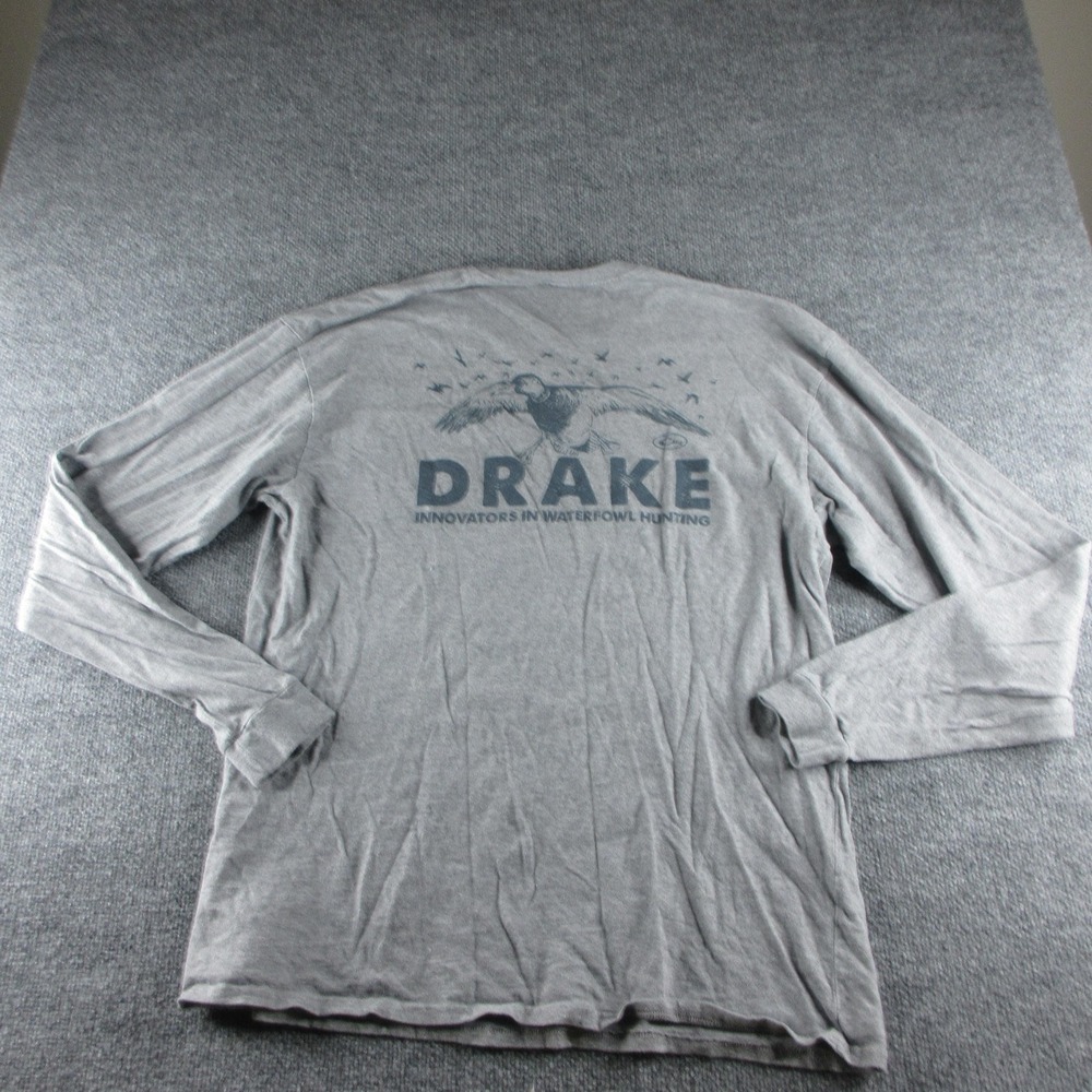 Drake Shirt Mens 2XL Gray Long Sleeve Pocket Duck Graphic Hunting Tee Waterfowl